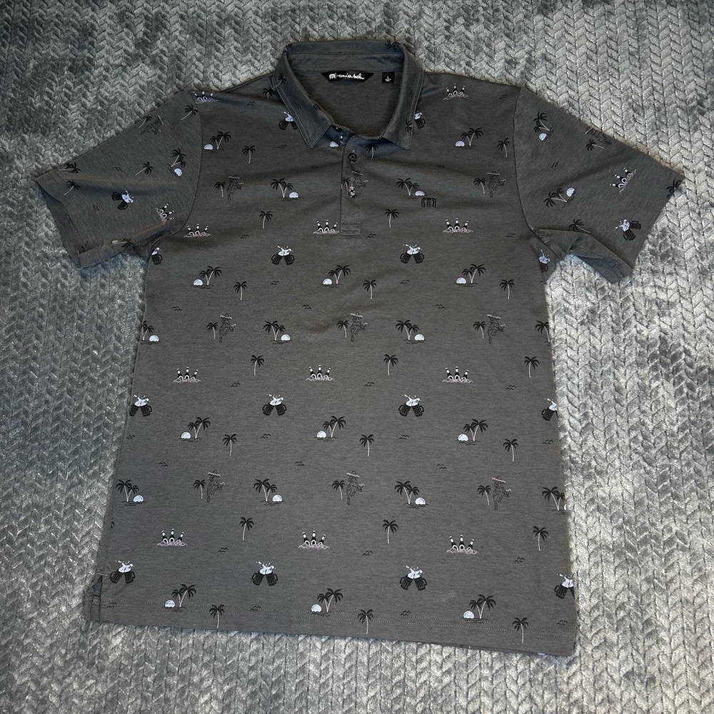 Men’s Travis Mathew Charcoal Polo‎ with Palm Tree/Beer Print Size L